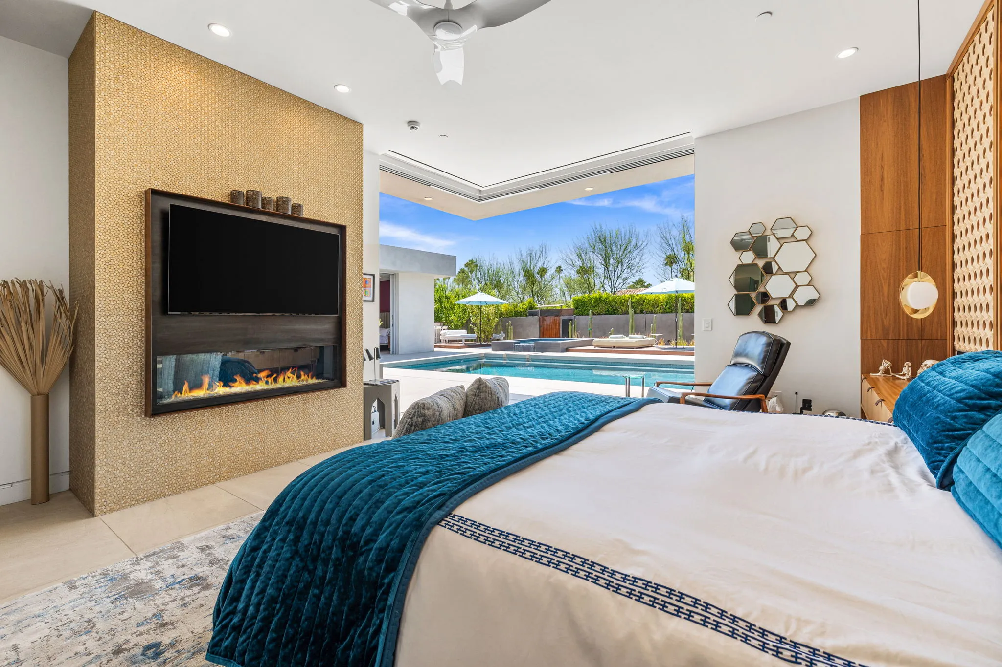 Luxury home remodel bedroom overlooking the pool, by JL Development Group