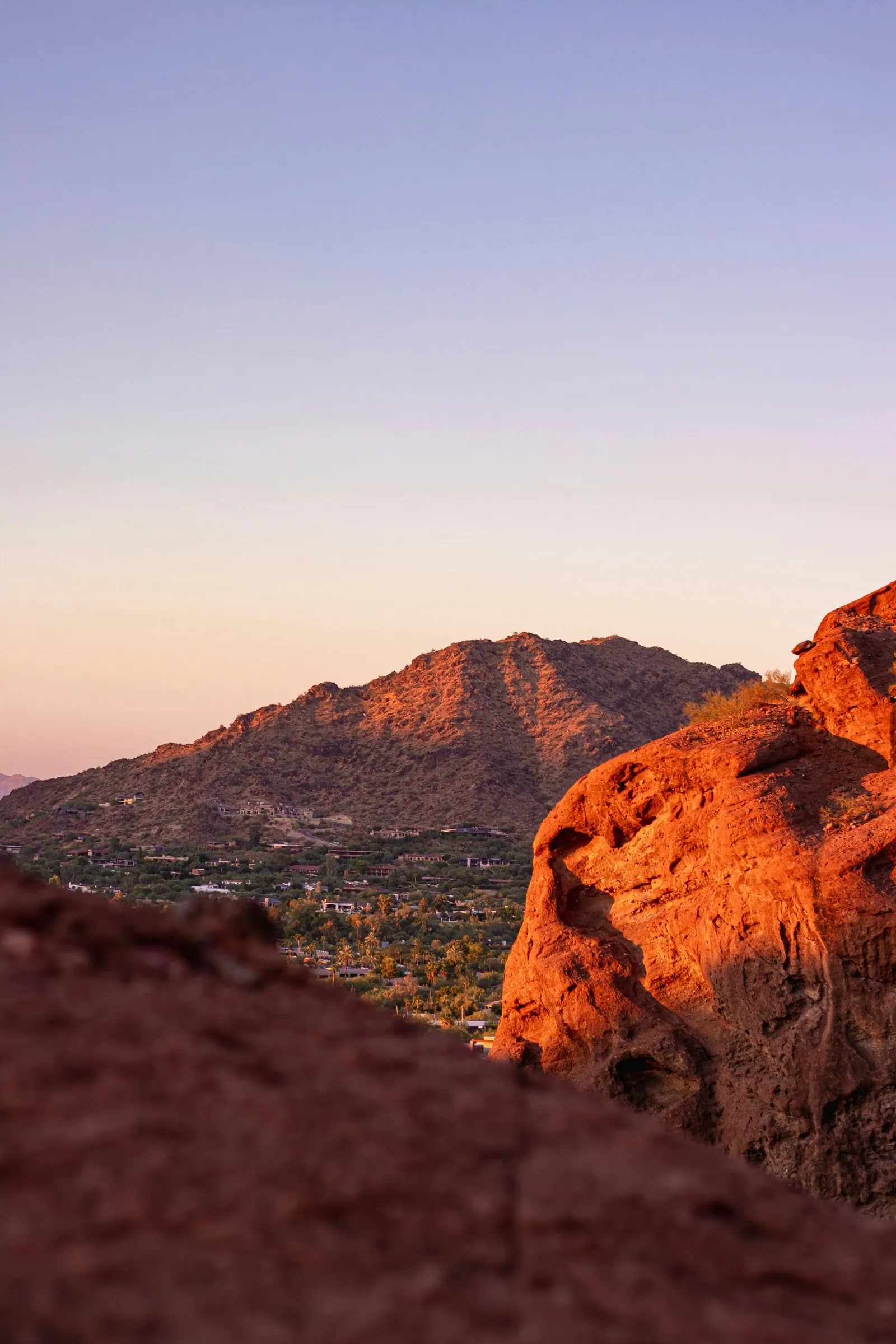 Camelback Mountain at sunset above the Scottsdale and Paradise Valley foothills