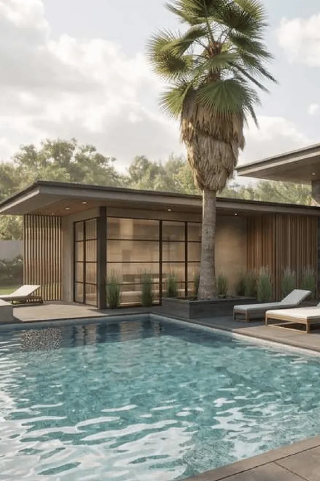 Quarry Estate pool and covered pavilion with stone-clad walls, palms and outdoor lounge seating