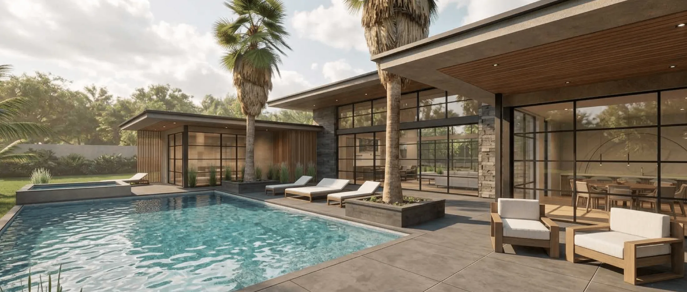 Quarry Estate pool and covered pavilion with stone-clad walls, palms and outdoor lounge seating