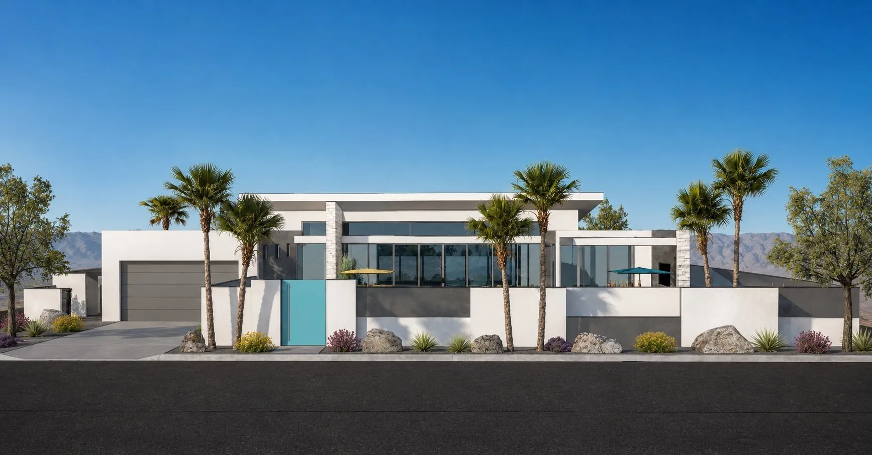 Verbena residence street-facing front elevation with mature palms and mountain views beyond