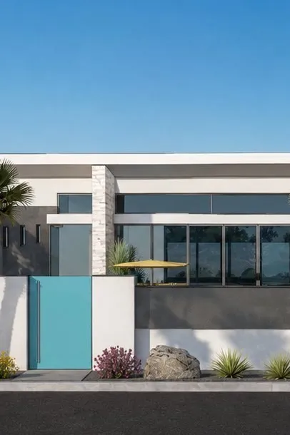 Verbena front elevation — modern luxury new build home with a stone-clad entry and glass living wall
