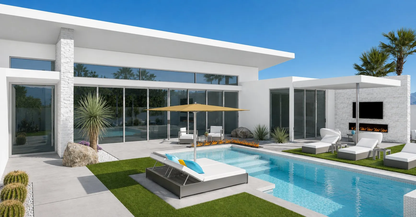 Verbena residence pool courtyard with sun loungers, shade umbrella and an outdoor fireplace with a TV wall