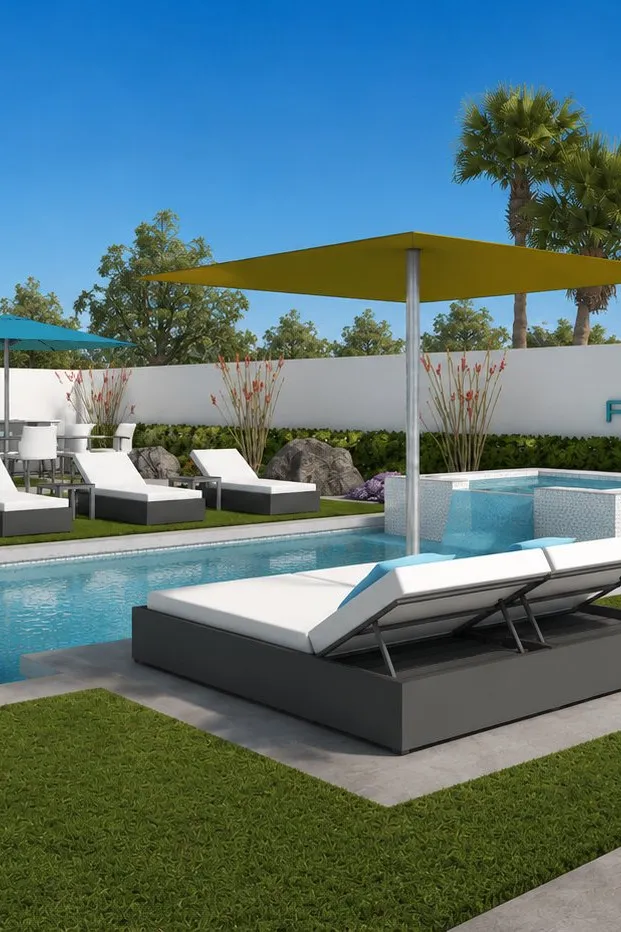 Verbena pool deck with sun loungers, outdoor fireplace and covered patio