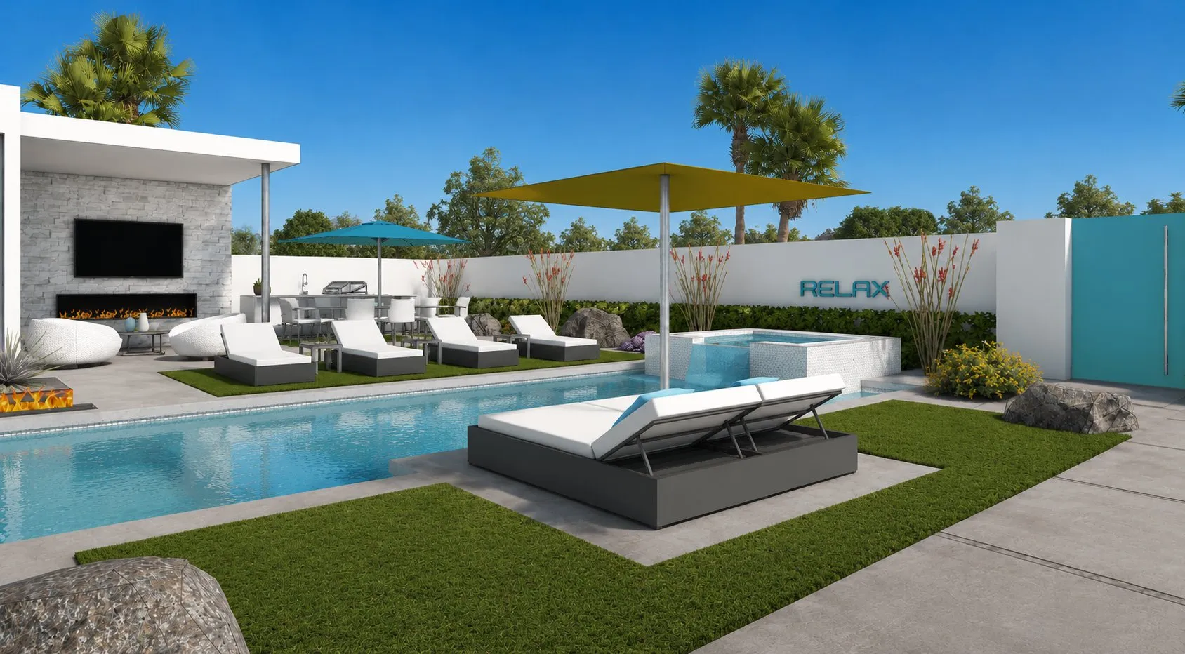 Verbena pool deck with sun loungers, outdoor fireplace and covered patio