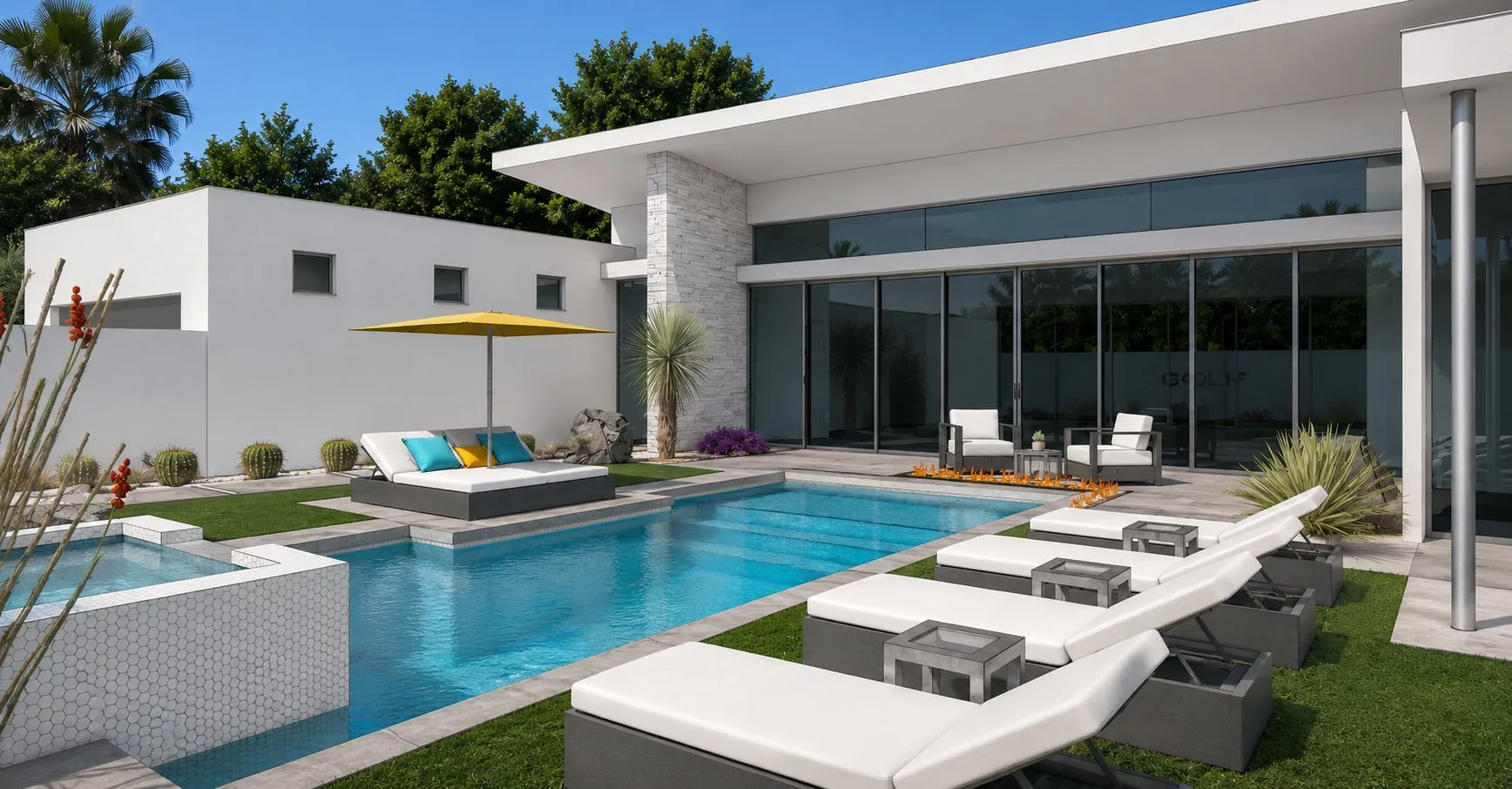 Verbena residence pool and spa with sun loungers, fire feature and full-height sliding glass doors