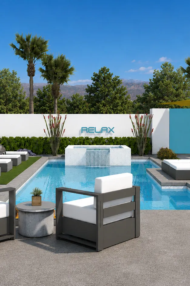 Verbena backyard pool with water feature, spa and shaded lounge seating