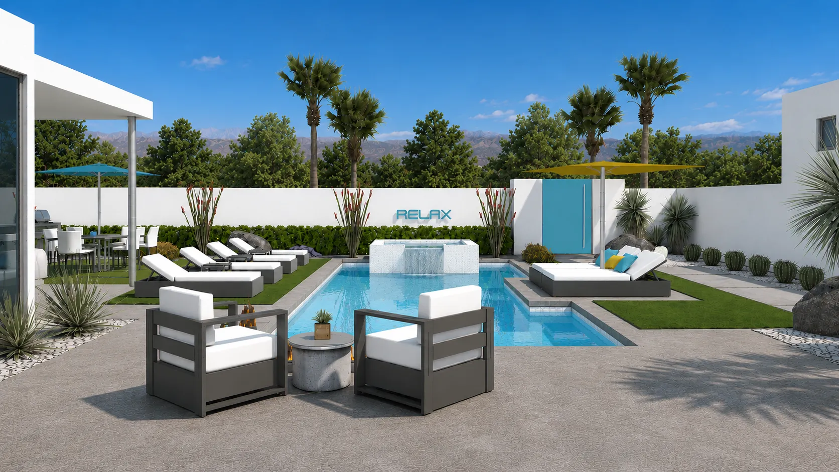 Verbena backyard pool with water feature, spa and shaded lounge seating